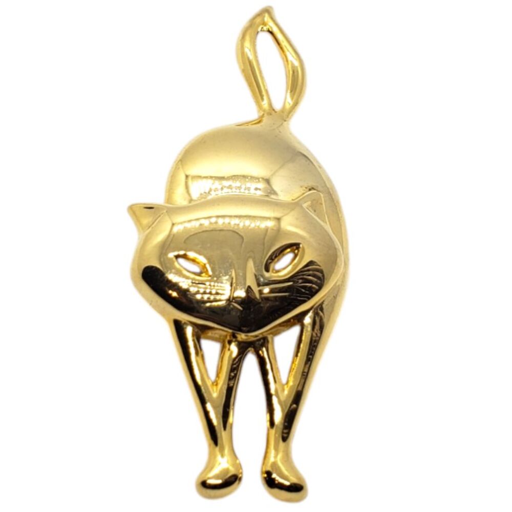 Vintage Kitty Cat Brooch Pin Pointed Tail Large 3.5" Gold Tone